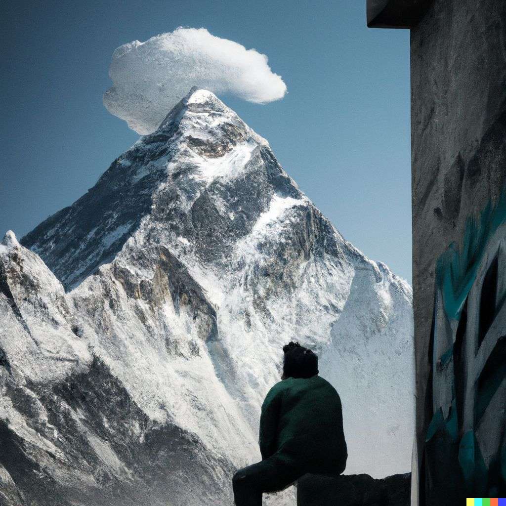 someone gazing at Mount Everest, by Banksy